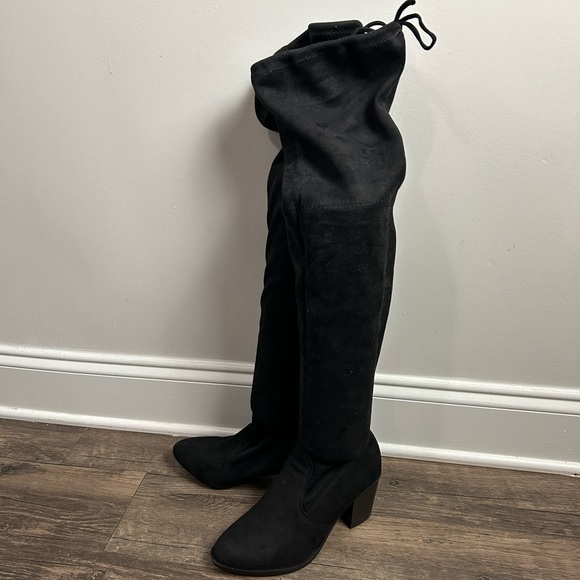 forever over the knee stretchy thigh high boots chunky block heels black - Picture 2 of 3